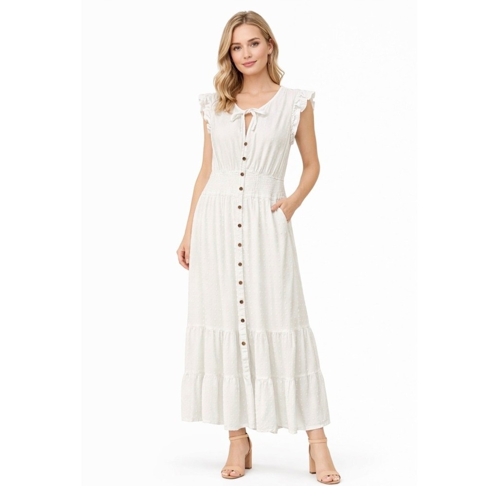 SONOMA Dress Woman's XL White‎ Textured Swiss Dot Midi Dress Ruffle Cap Sleeve